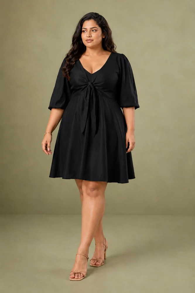 Black V-Neck Short Party Dress with Balloon Sleeves 4