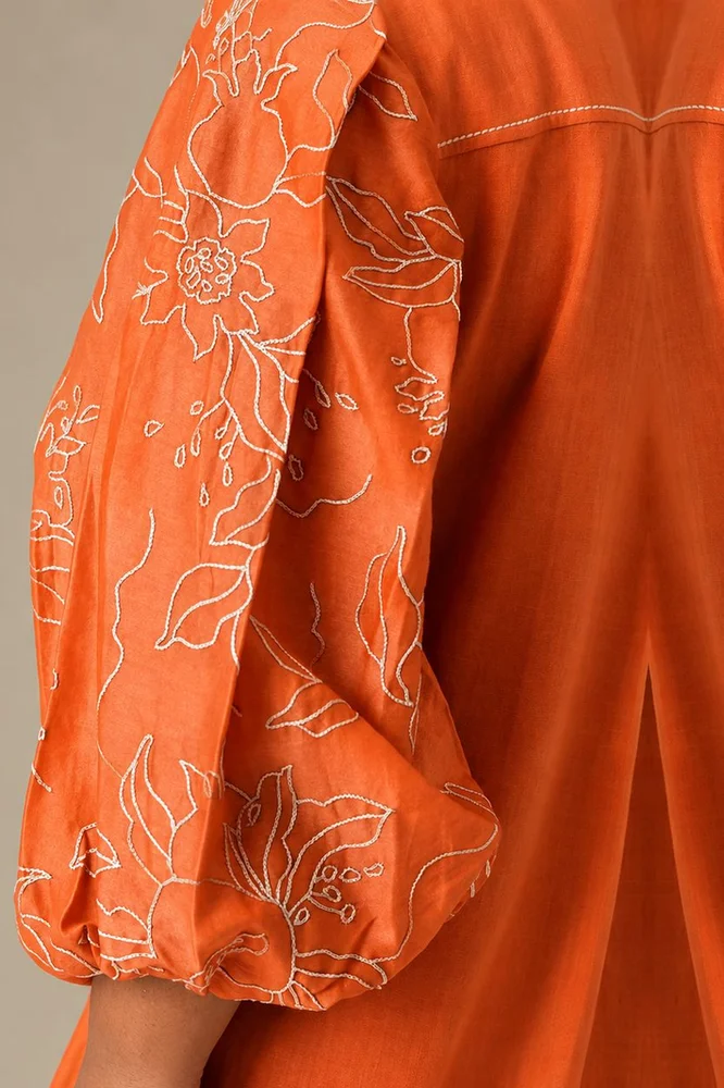 Sunset Orange Oba Set - Embroidered Sleeve Top + Pants 3