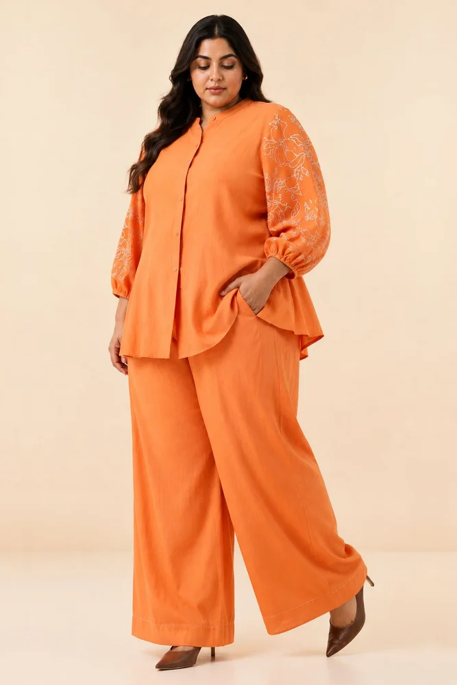 Sunset Orange Oba Set - Embroidered Sleeve Top + Pants 6