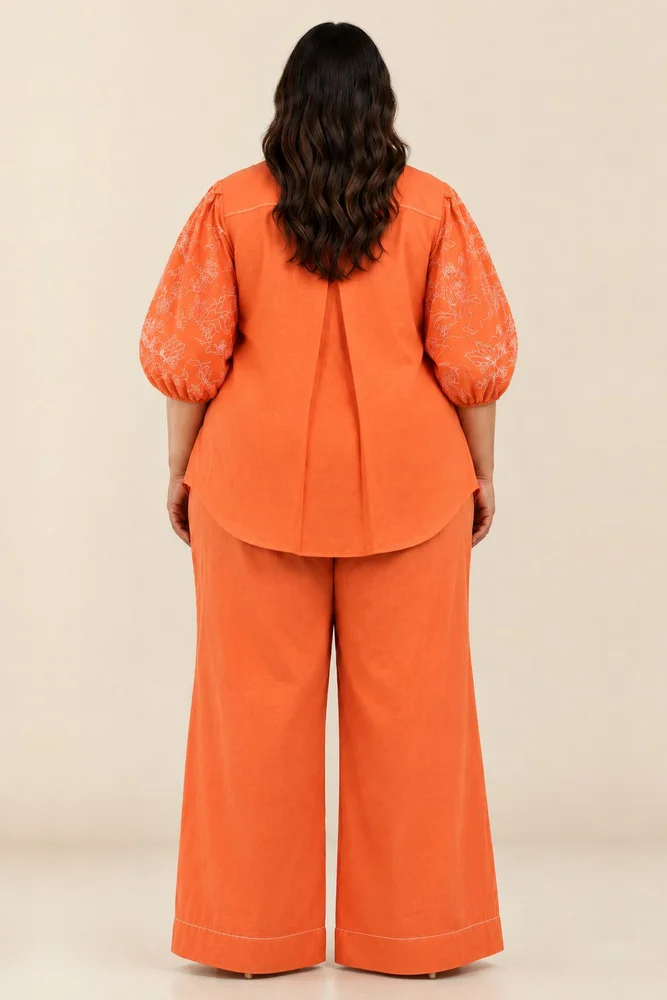 Sunset Orange Oba Set - Embroidered Sleeve Top + Pants 2