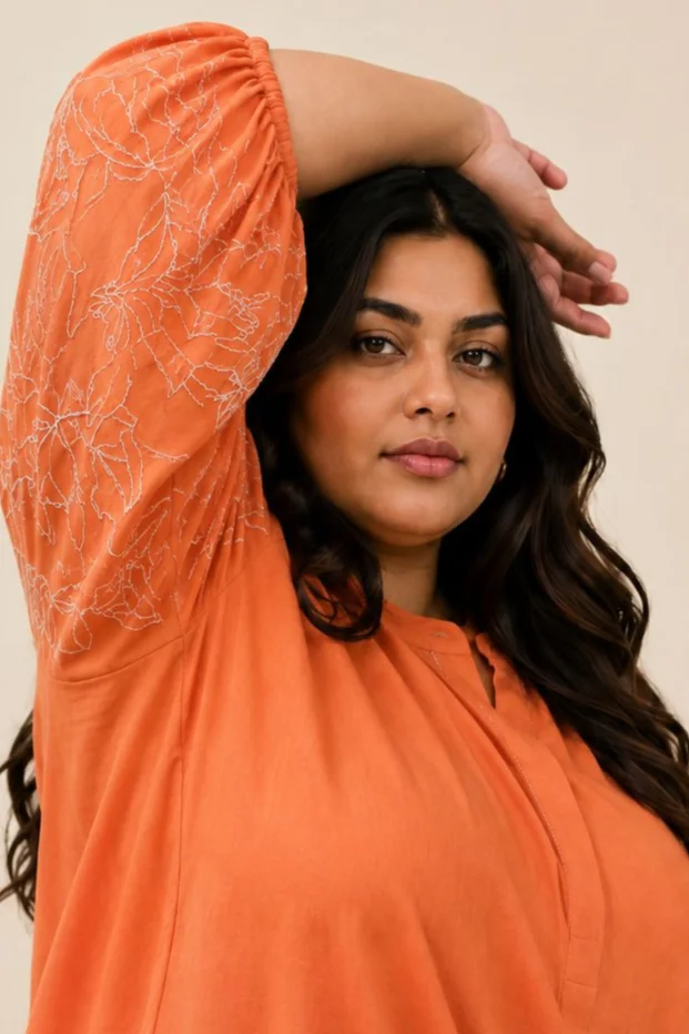 Sunset Orange Oba Set - Embroidered Sleeve Top + Pants 4