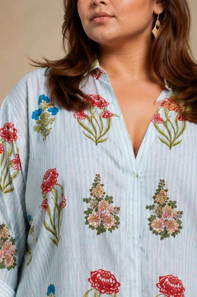Aqua Floral Shirt Style Kurta Paired With Curved  Hem White Pants 3