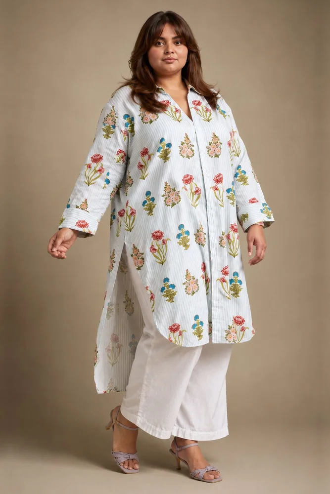 Aqua Floral Shirt Style Kurta Paired With Curved  Hem White Pants 2