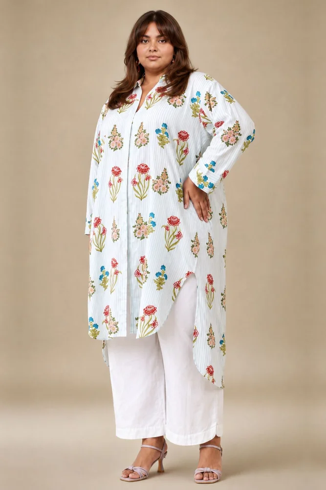 Aqua Floral Shirt Style Kurta Paired With Curved  Hem White Pants 4