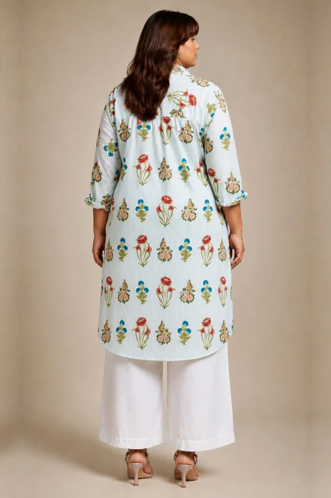 Aqua Floral Shirt Style Kurta Paired With Curved  Hem White Pants 5