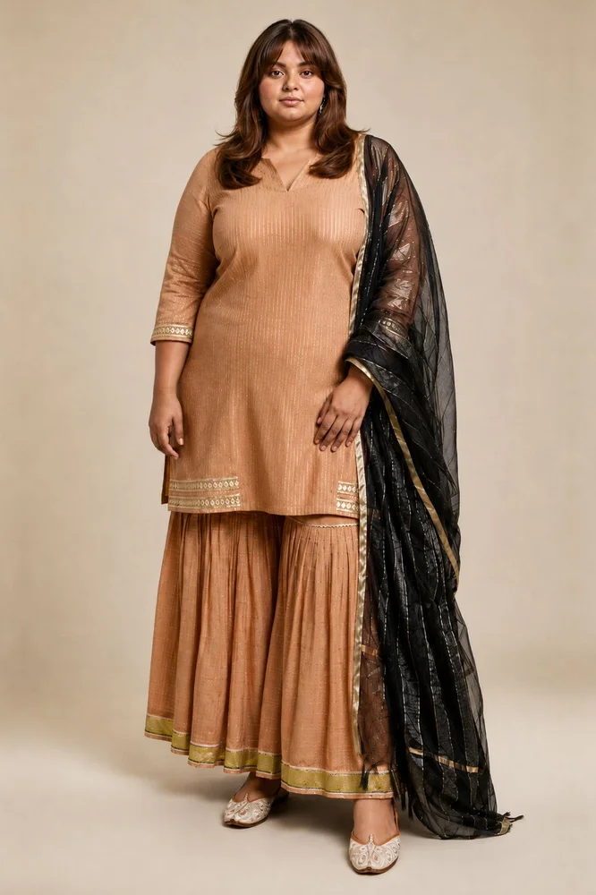 Color Nude Ethnic Sharara Set with Organza Dupatta & Gota-work