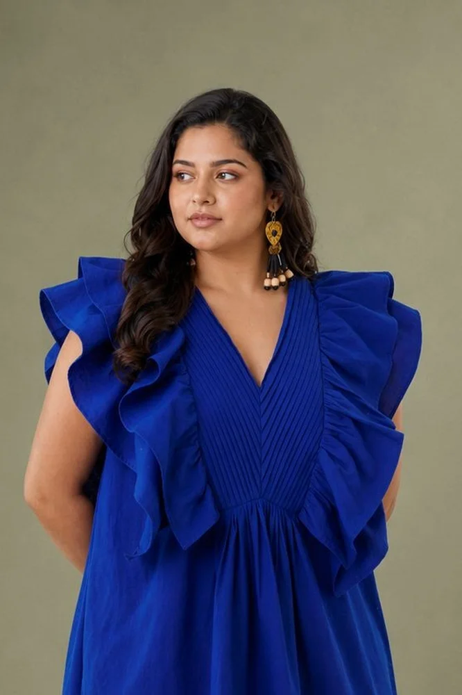 Blue Short Ruffled Dress With Pin-Tuck Detail 4