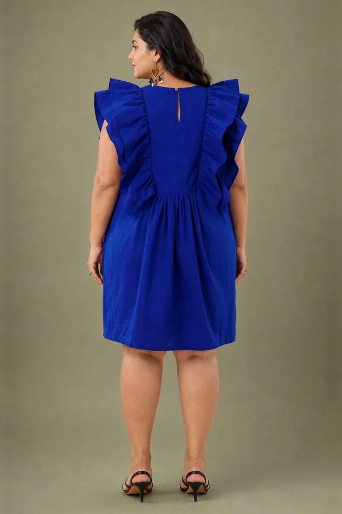 Blue Short Ruffled Dress With Pin-Tuck Detail 5