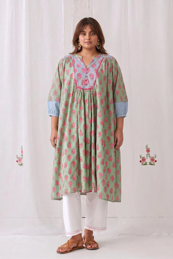 Mint Green Floral Gathered Free Size Kurta Paired With White Straight Pants