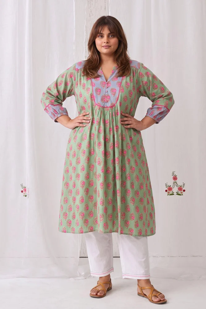 Mint Green Floral Gathered Free Size Kurta Paired With White Straight Pants 2