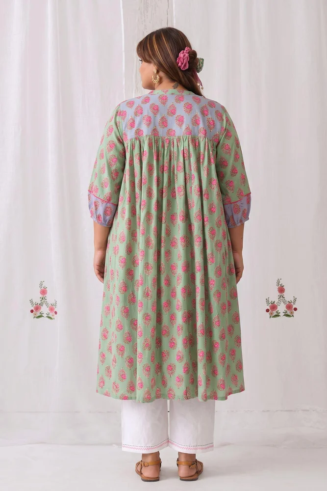 Mint Green Floral Gathered Free Size Kurta Paired With White Straight Pants 5
