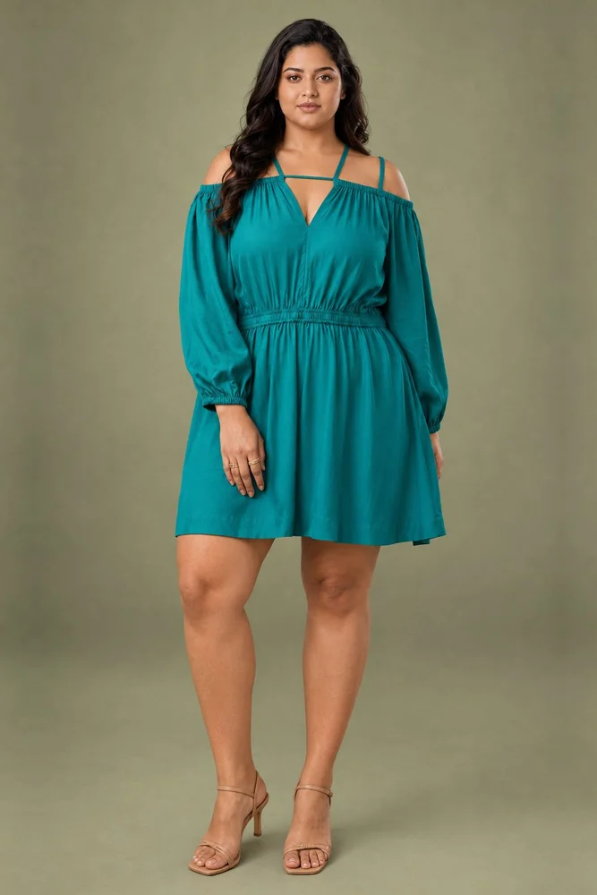 Teal Green Short Cold Shoulder Dress with Balloon Sleeves 3