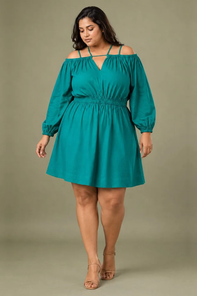 Teal Green Short Cold Shoulder Dress with Balloon Sleeves