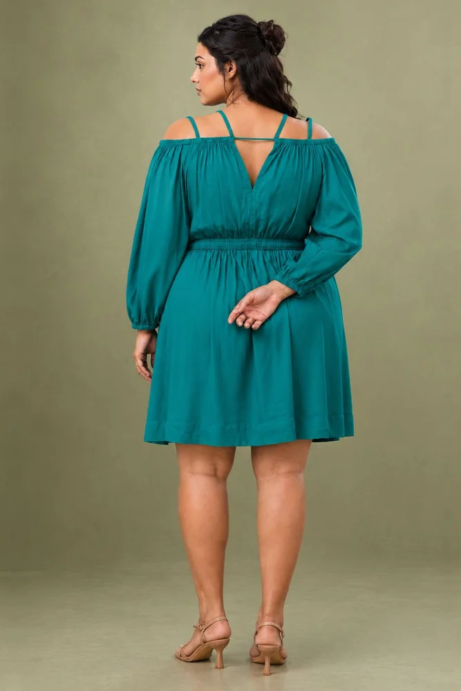 Teal Green Short Cold Shoulder Dress with Balloon Sleeves 4