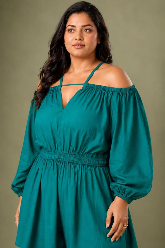 Teal Green Short Cold Shoulder Dress with Balloon Sleeves 2