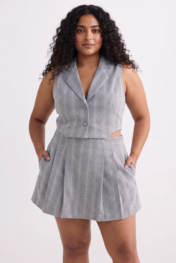 Cropped Cotton Tweed Vest Set in Grey