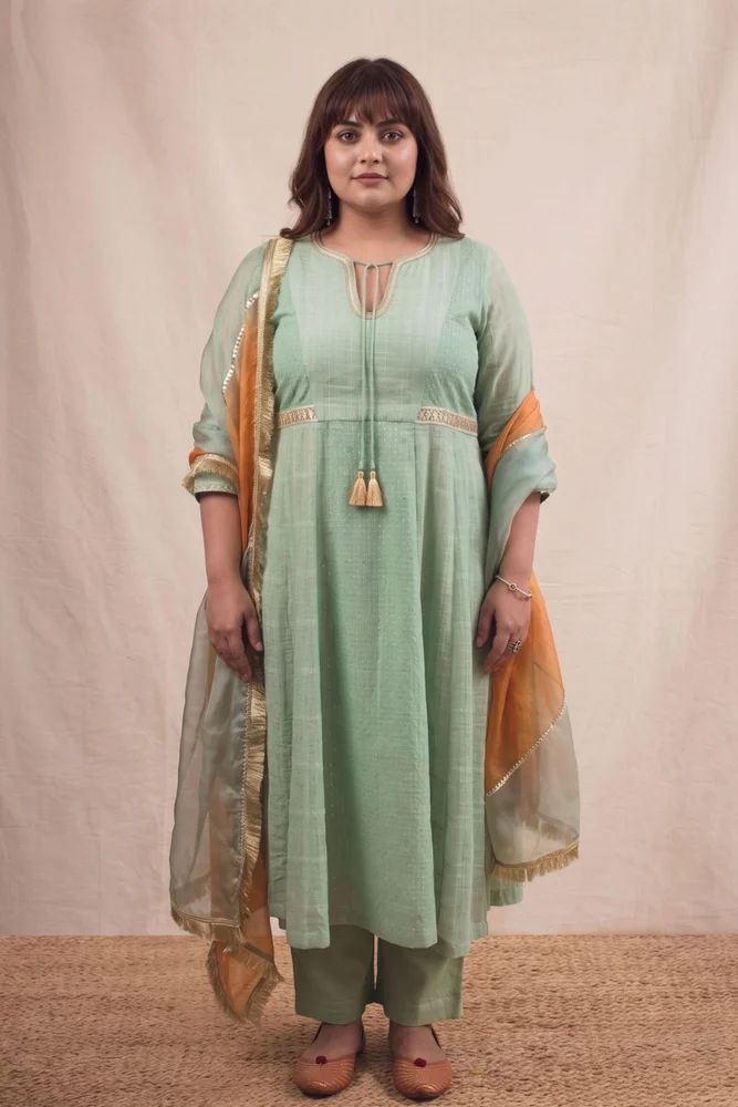 Soft Mint Ethnic Kurta Set with Leheriya Dupatta & Gota-work