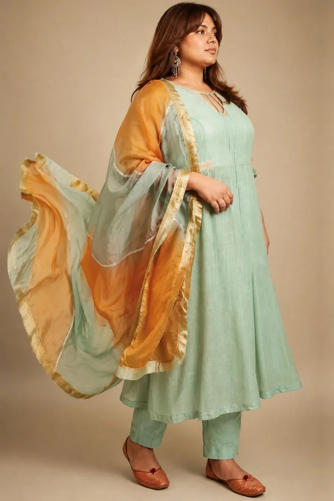 Soft Mint Ethnic Kurta Set with Leheriya Dupatta & Gota-work 2