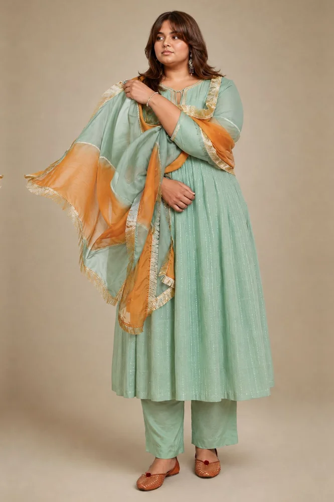Soft Mint Ethnic Kurta Set with Leheriya Dupatta & Gota-work 3