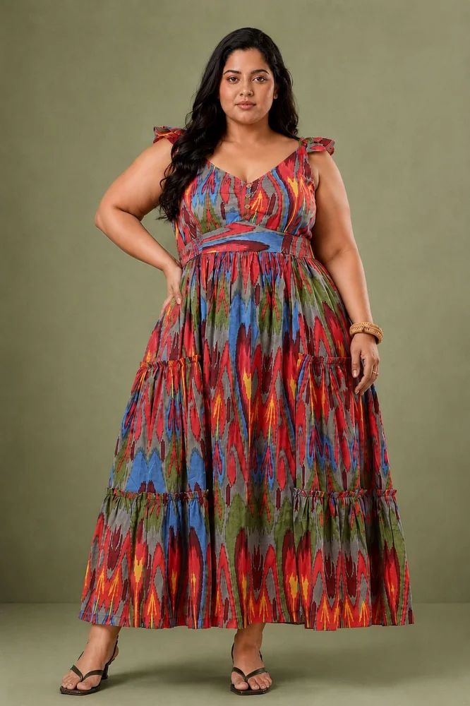 Red Ikat Print Cotton Maxi Long Dress