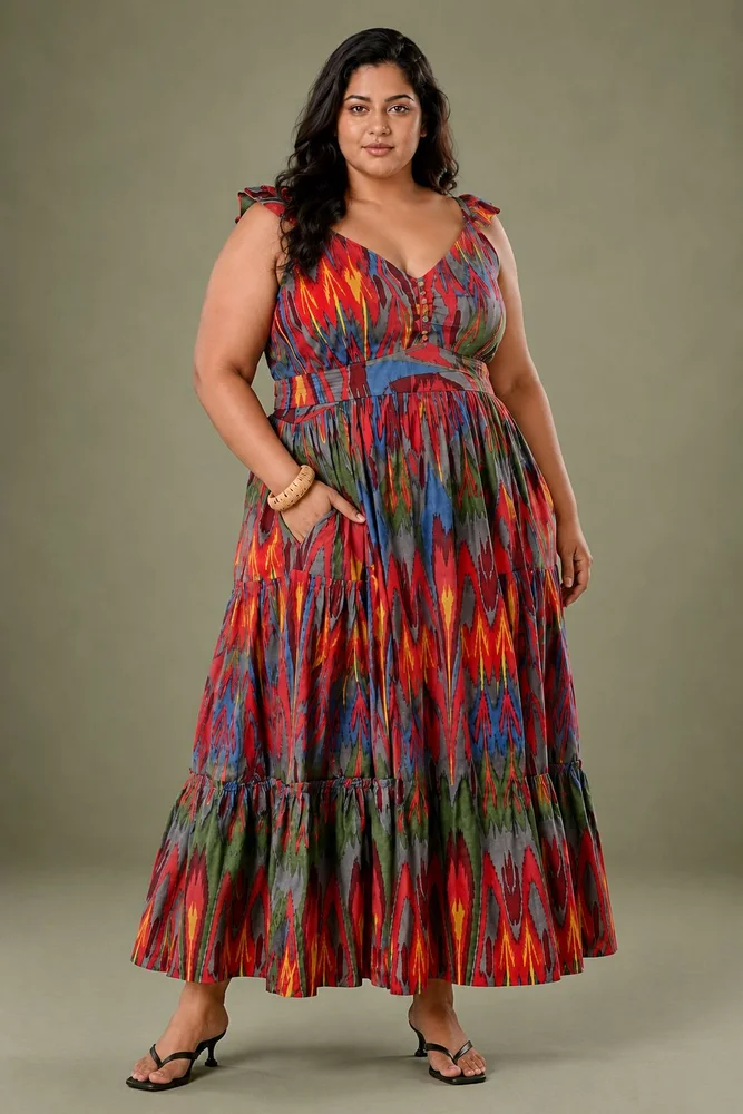 Red Ikat Print Cotton Maxi Long Dress 2