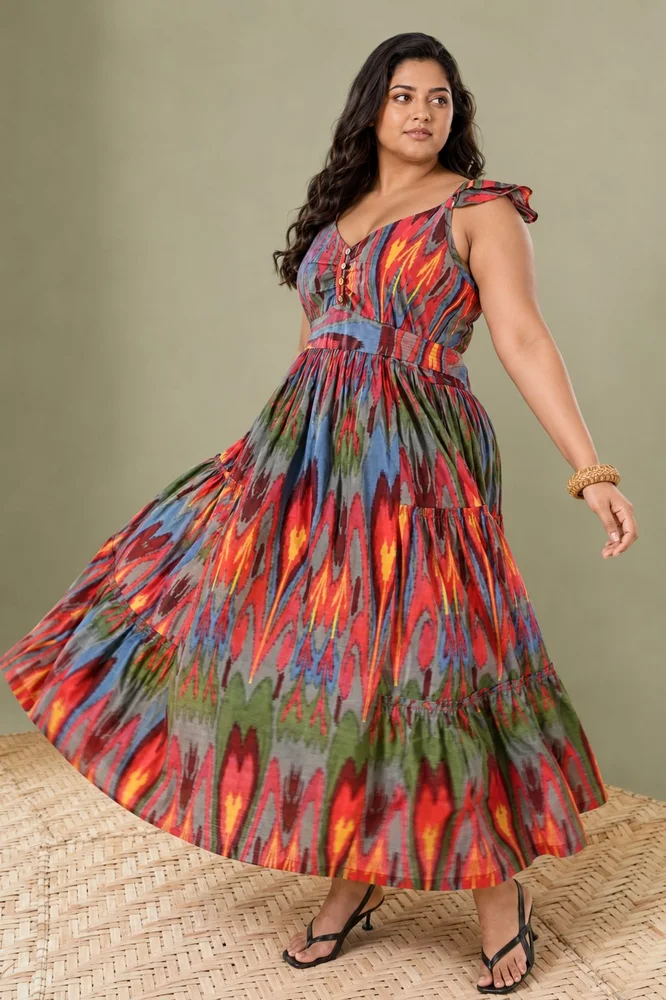 Red Ikat Print Cotton Maxi Long Dress 3