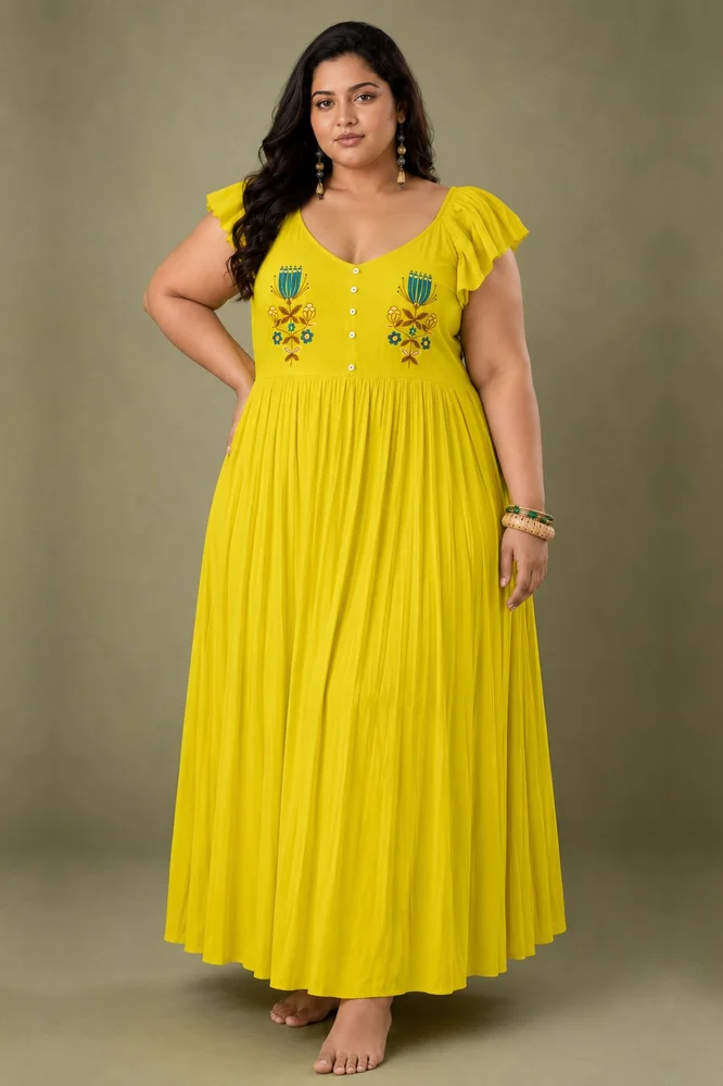 Limmon : Cotton Voile Maxi Dress for Women in Yellow | Voluminous Embroidered Summer Dress