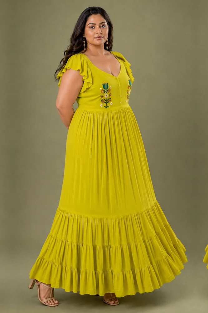 Limmon : Cotton Voile Maxi Dress for Women in Yellow | Voluminous Embroidered Summer Dress 3