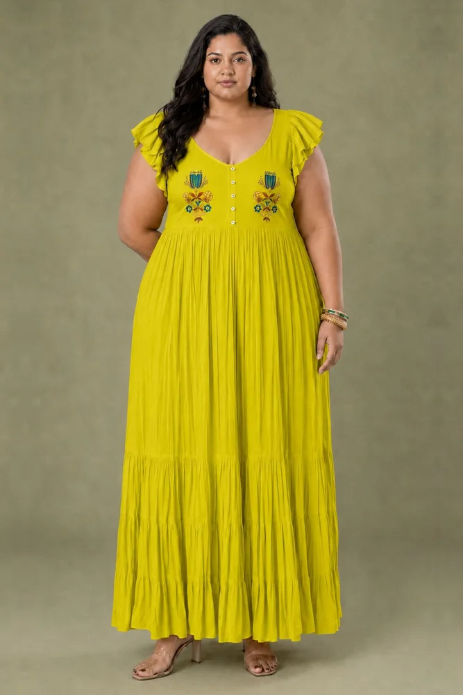 Limmon : Cotton Voile Maxi Dress for Women in Yellow | Voluminous Embroidered Summer Dress 4
