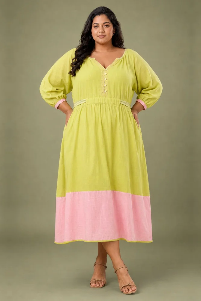 Soft Green Cotton Embroidered Dress with Balloon Sleeves