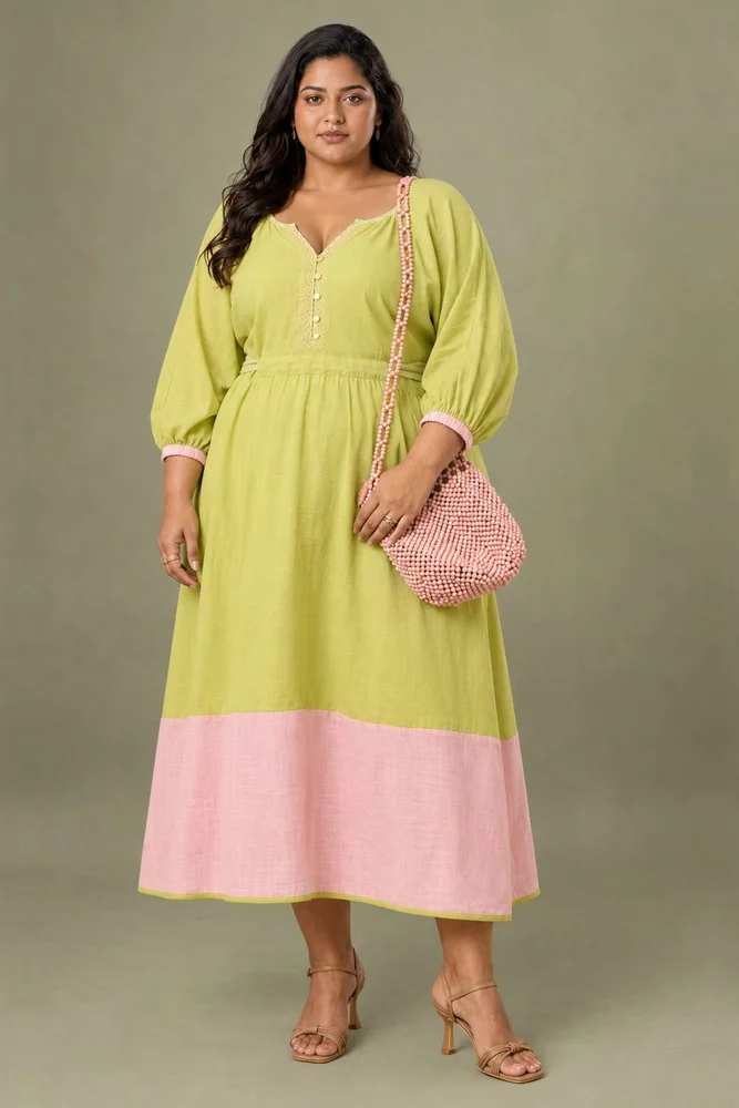 Soft Green Cotton Embroidered Dress with Balloon Sleeves 5