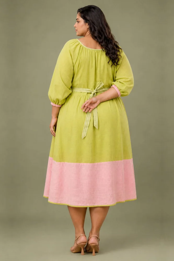 Soft Green Cotton Embroidered Dress with Balloon Sleeves 3