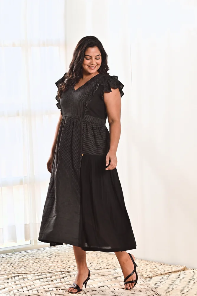 Black Cotton V neck Long Dress with Belt