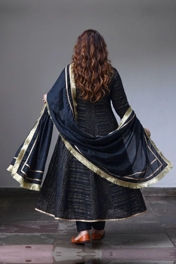 Black Cotton Lurex Anarkali Set with Organza Dupatta & Gota-work 4