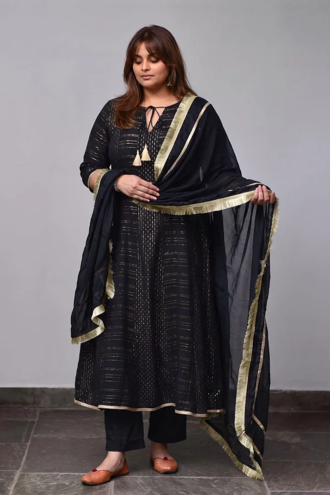 Black Cotton Lurex Anarkali Set with Organza Dupatta & Gota-work 3