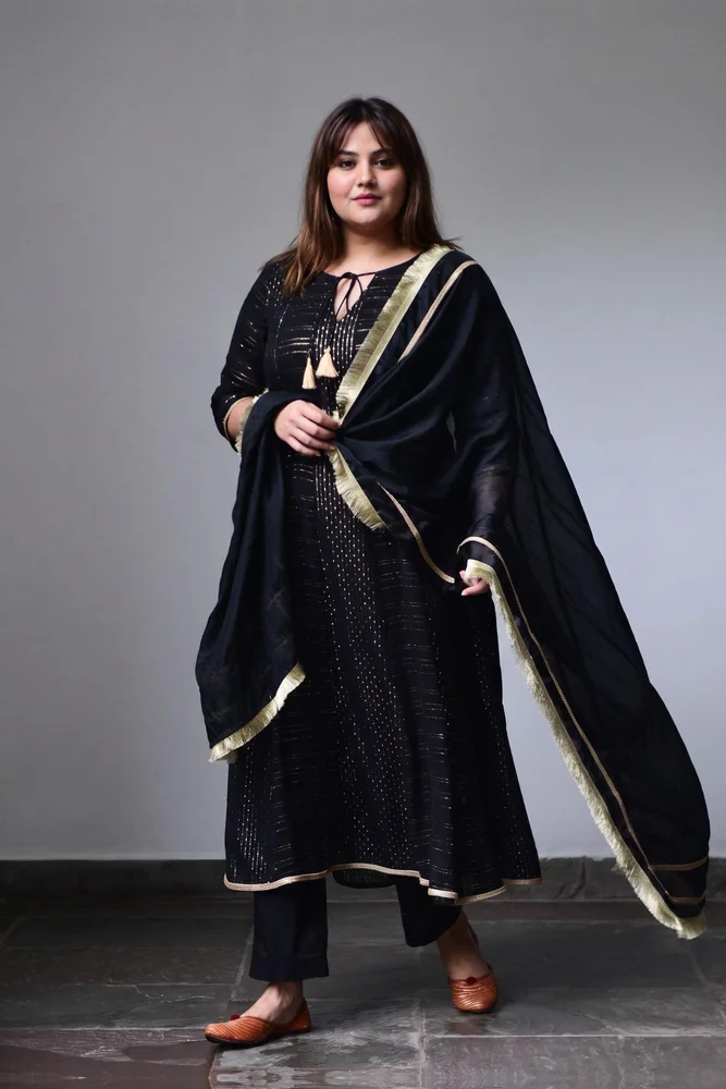 Black Cotton Lurex Anarkali Set with Organza Dupatta & Gota-work 2