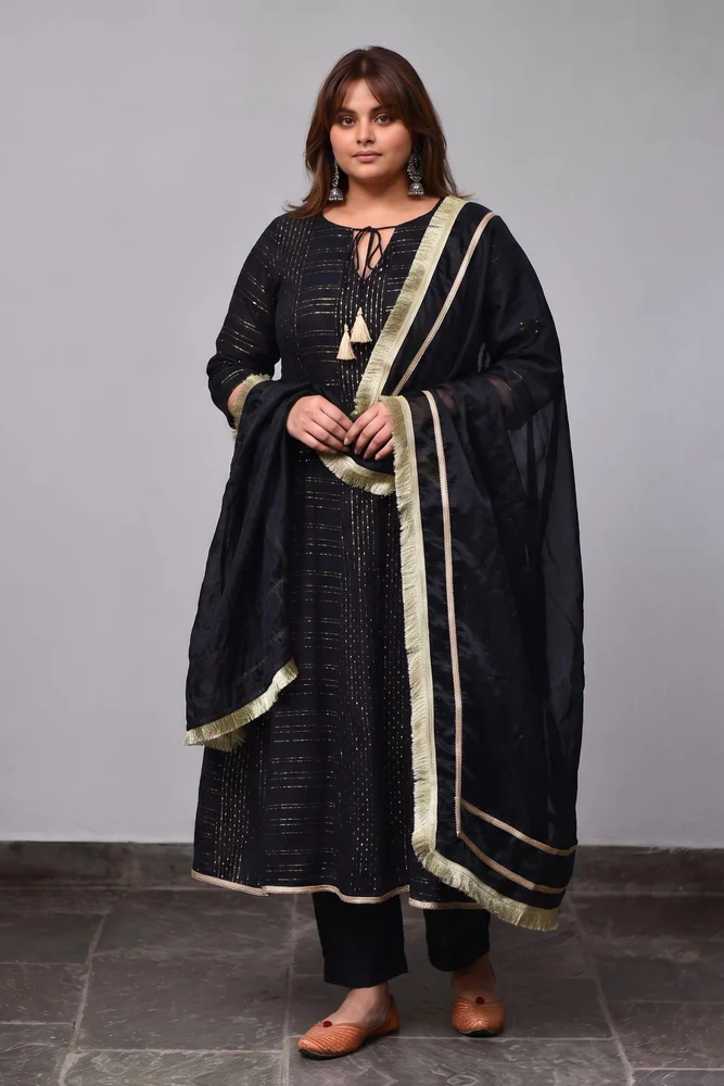 Black Cotton Lurex Anarkali Set with Organza Dupatta & Gota-work