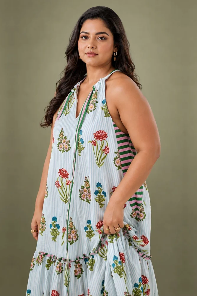 Aqua Floral Print Tie Up Maxi 5