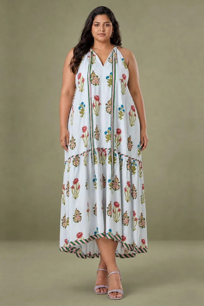 Aqua Floral Print Tie Up Maxi