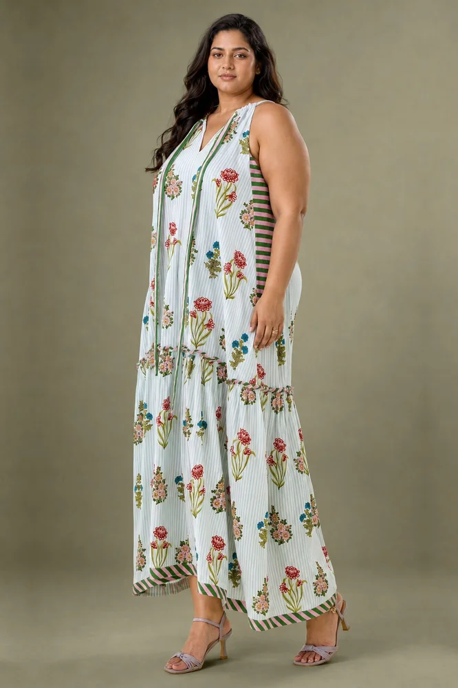 Aqua Floral Print Tie Up Maxi 2