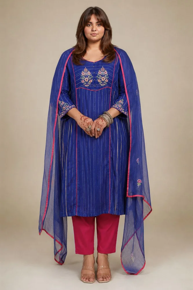 Blue  Kurta Set With Embroidred Yoke