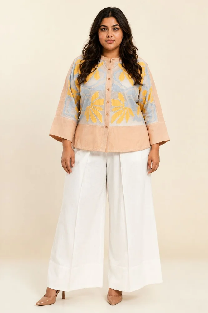 Bask & Pete - Latte Panel Appliqued Top + White Pleated Pants 5