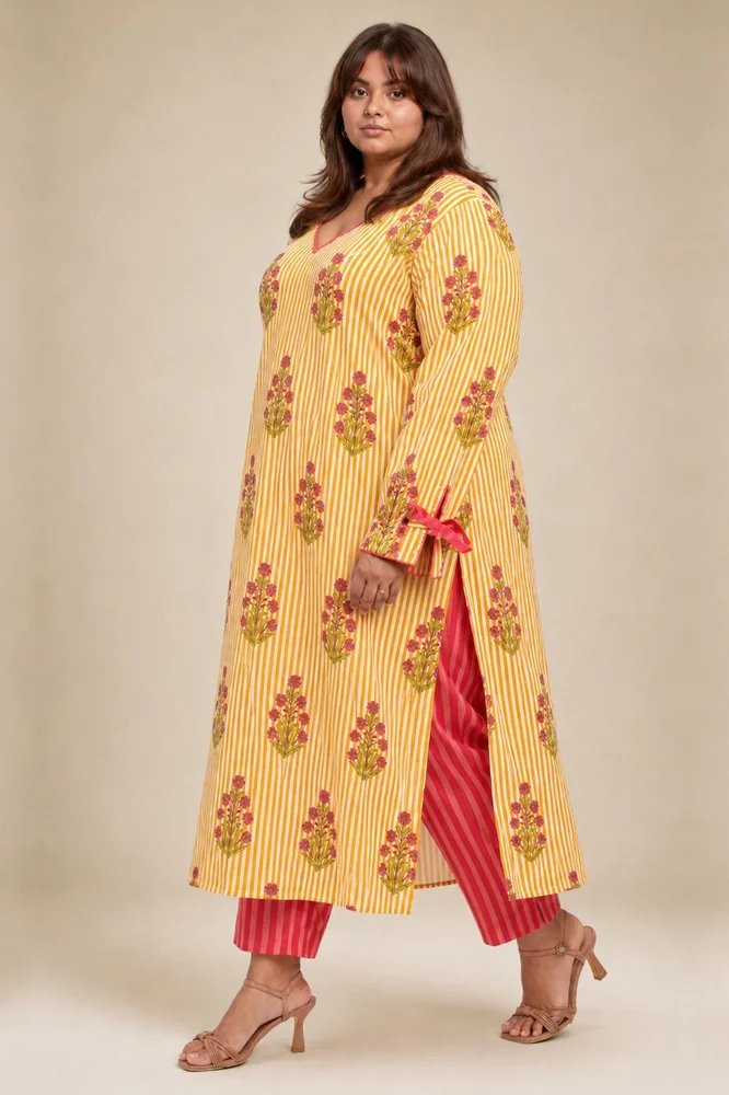 Yellow Floral V-Neck Long Kurta Paired With Striped Matching Pants 2