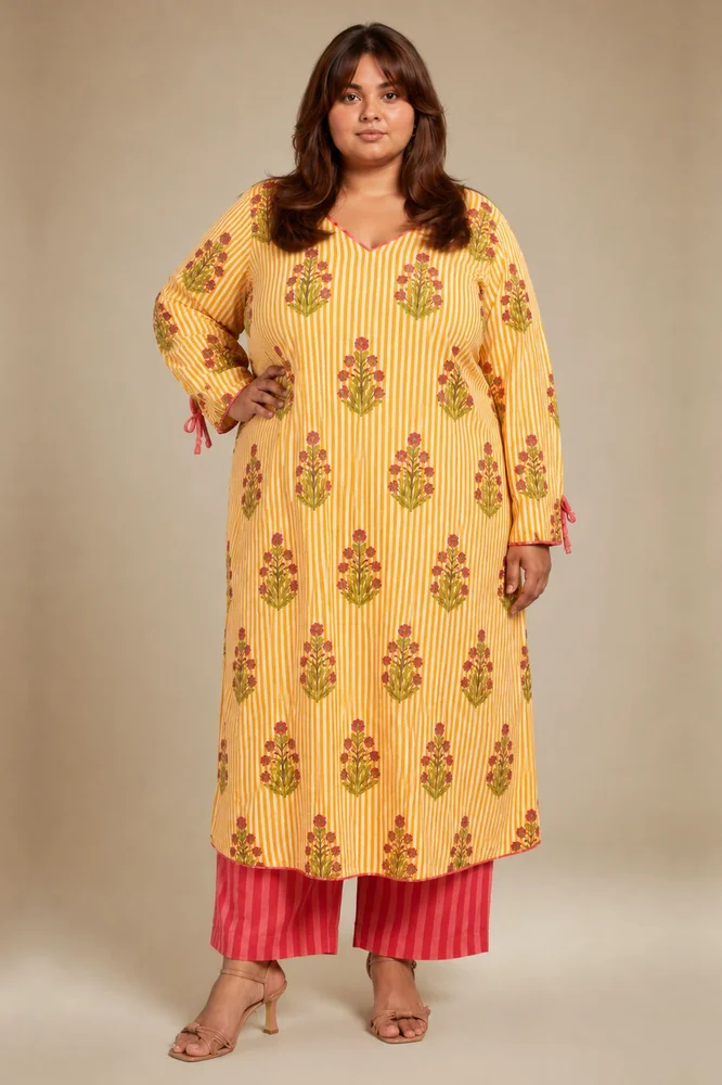 Yellow Floral V-Neck Long Kurta Paired With Striped Matching Pants