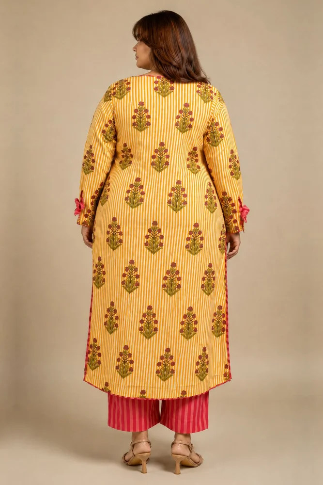 Yellow Floral V-Neck Long Kurta Paired With Striped Matching Pants 5