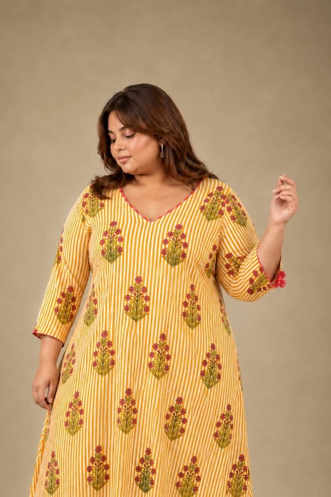 Yellow Floral V-Neck Long Kurta Paired With Striped Matching Pants 3