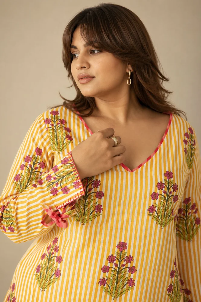 Yellow Floral V-Neck Long Kurta Paired With Striped Matching Pants 4