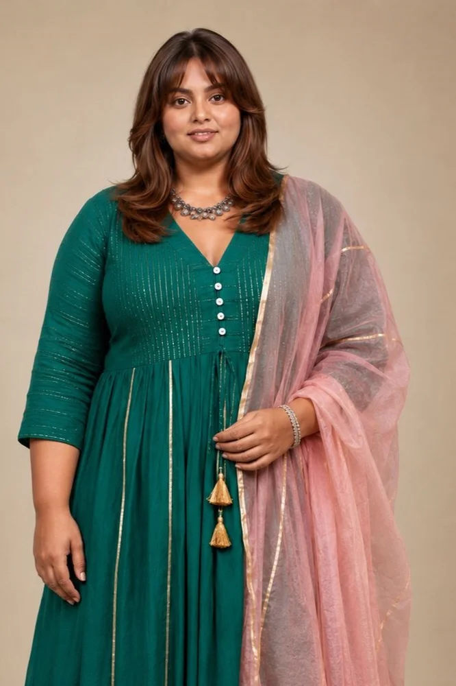 Emerald Green Ethnic Anarkali Set with Soft Pink Dupatta 2