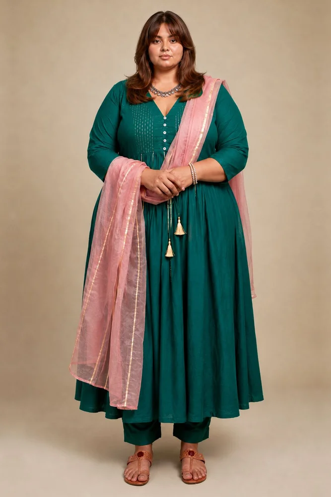 Emerald Green Ethnic Anarkali Set with Soft Pink Dupatta