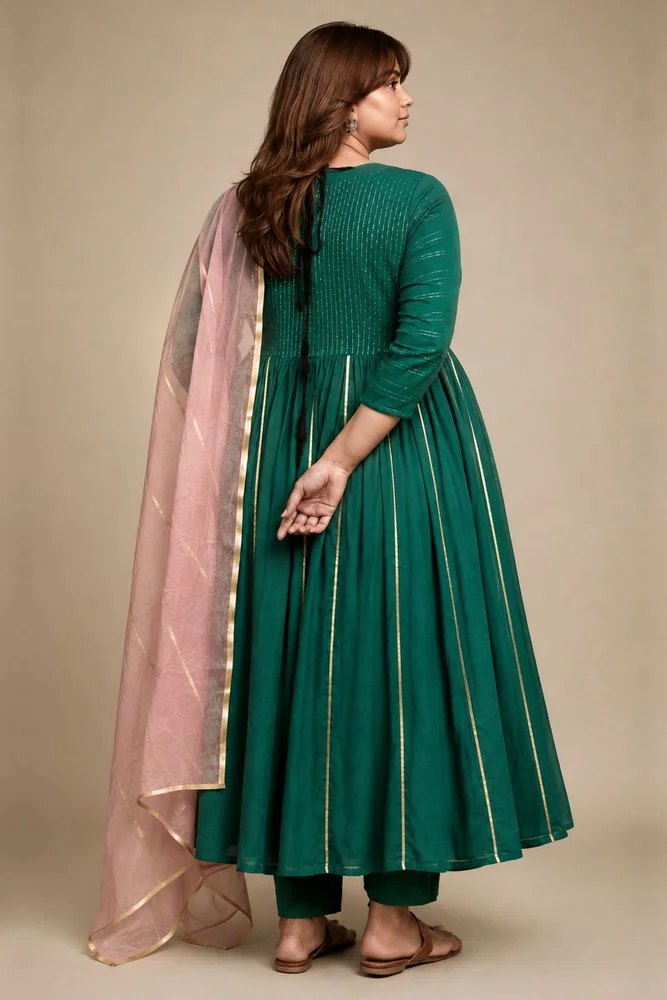 Emerald Green Ethnic Anarkali Set with Soft Pink Dupatta 4